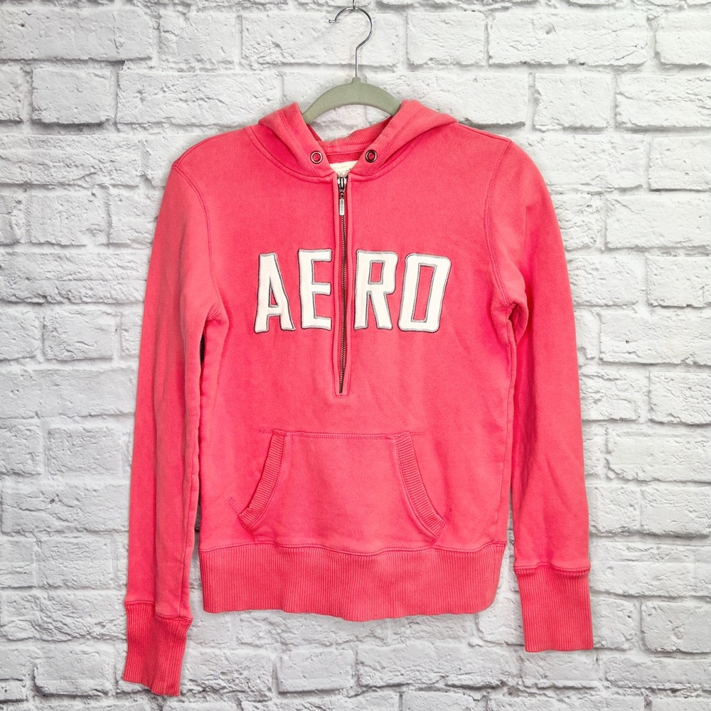 VTG Aero Aeropostale Y2K Hoodie Sweatshirt Size S 1/2 Zip Pocket Block Pink